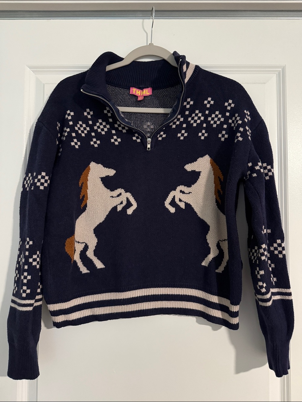THML Navy Horse Intarsia Half-Zip Cowl Sweater - Picture 5 of 7